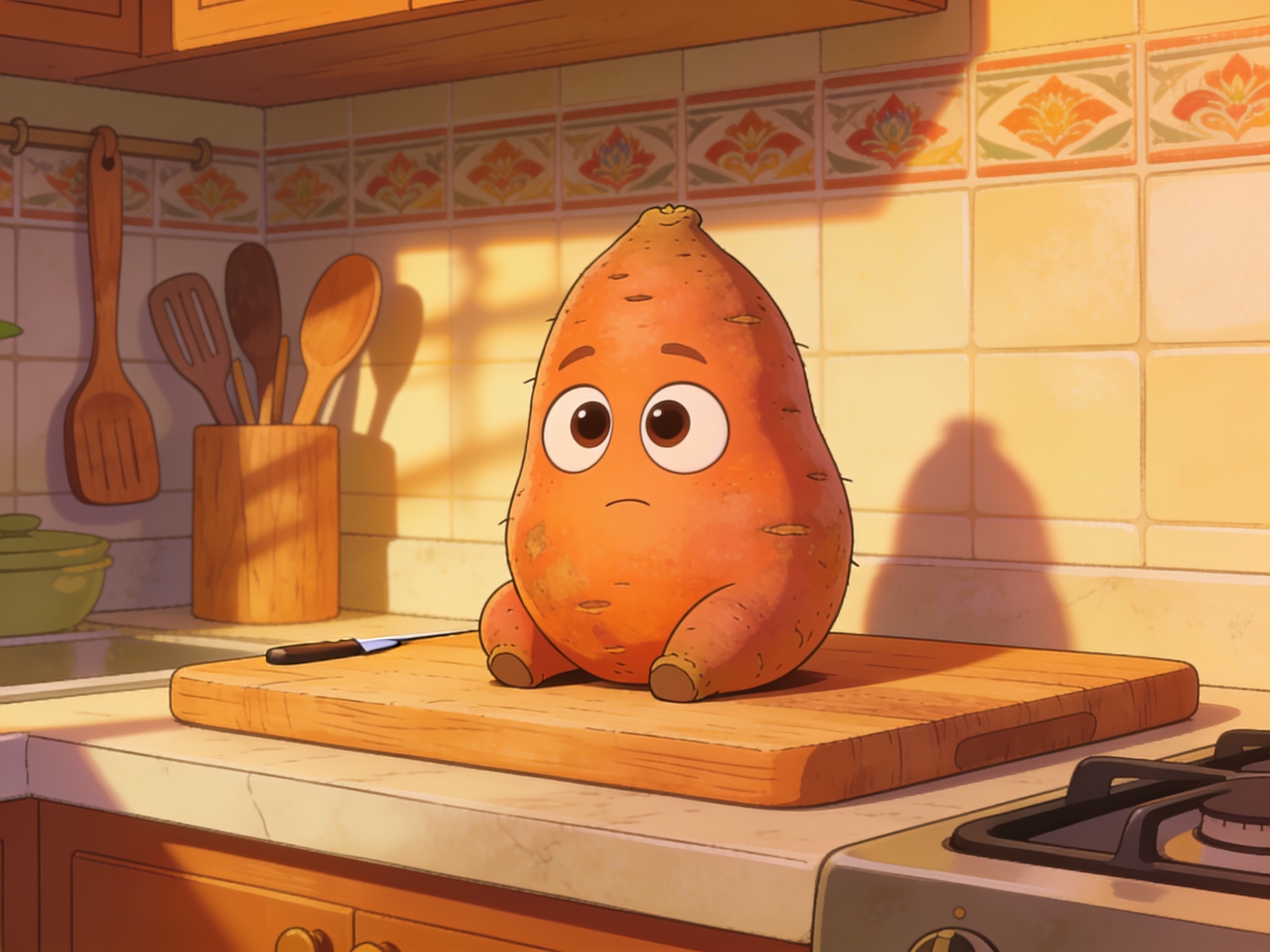 A cartoonish orange sweet potato with two big eyes sitting sheepishly on a wooden cutting board in a Malaysian kitchen, warm afternoon light.