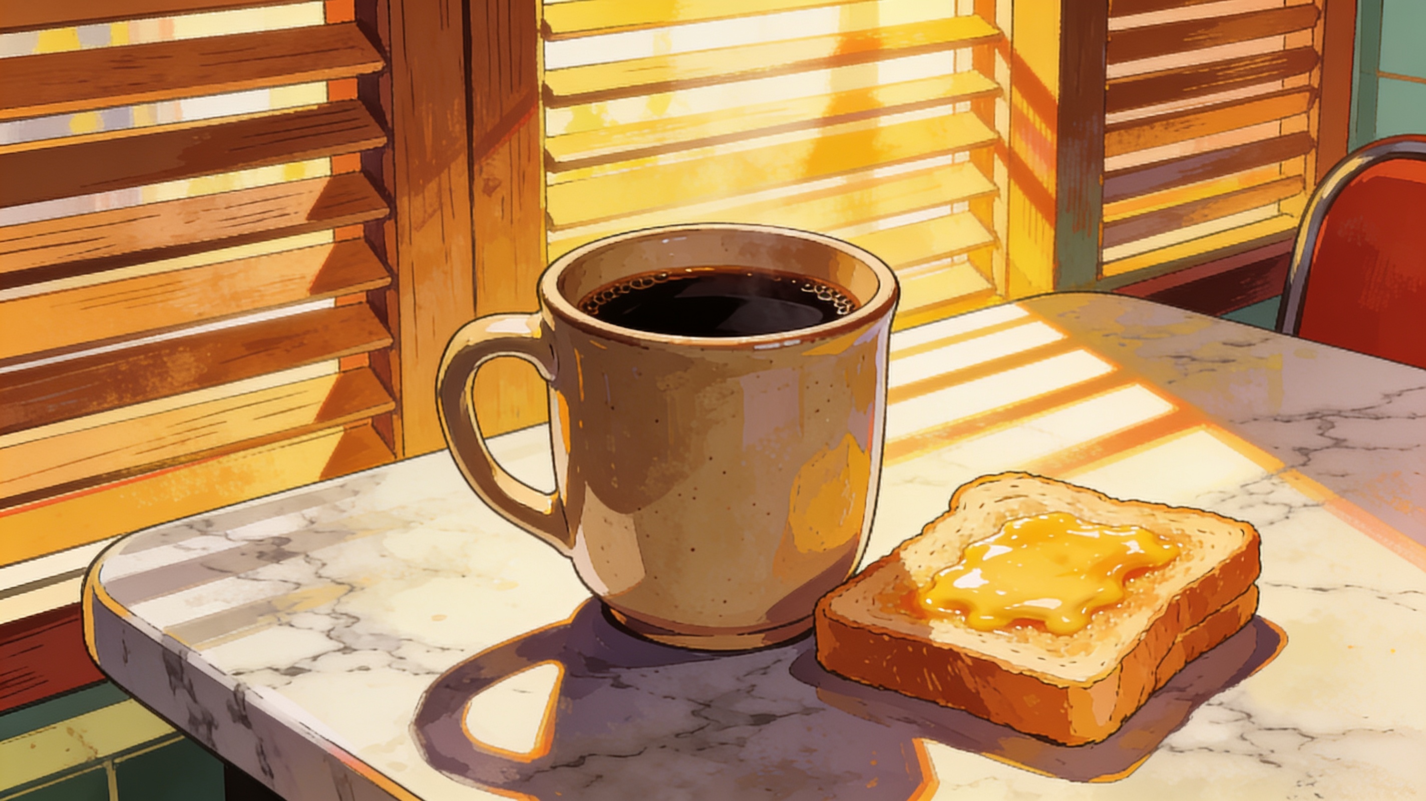 A cup of pitch-black kopi in a thick ceramic mug on a marble kopitiam table, a slice of kaya toast beside it, warm morning light through wooden shutters.