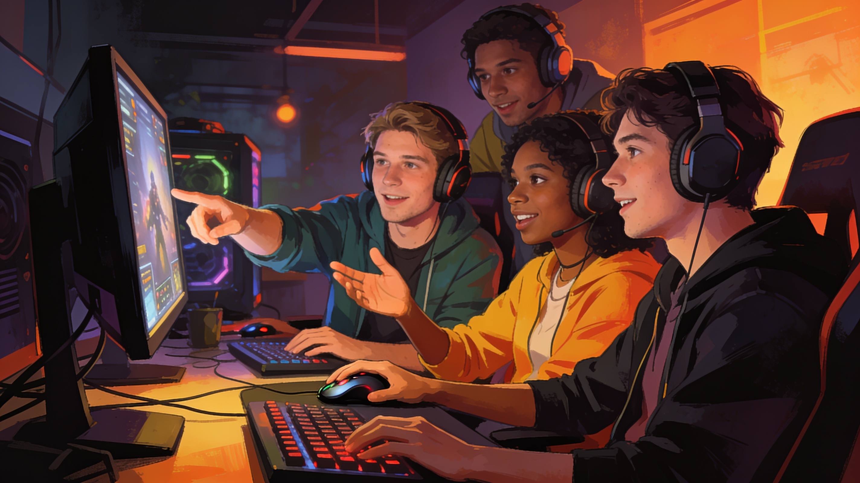 cinematic editorial illustration of friends gathered around gaming setups with headsets on, coordinating strategy, no text