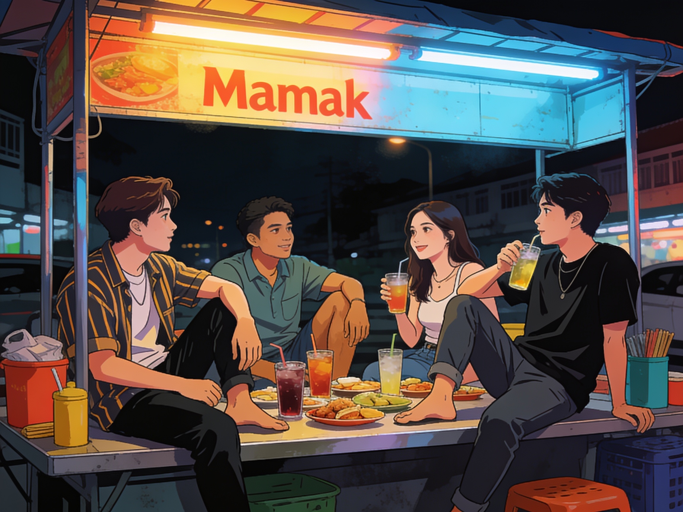 A group of friends lounging late at night at an open-air mamak stall, drinks and snacks on the table, casual conversation under fluorescent lights, cinematic editorial illustration, no text