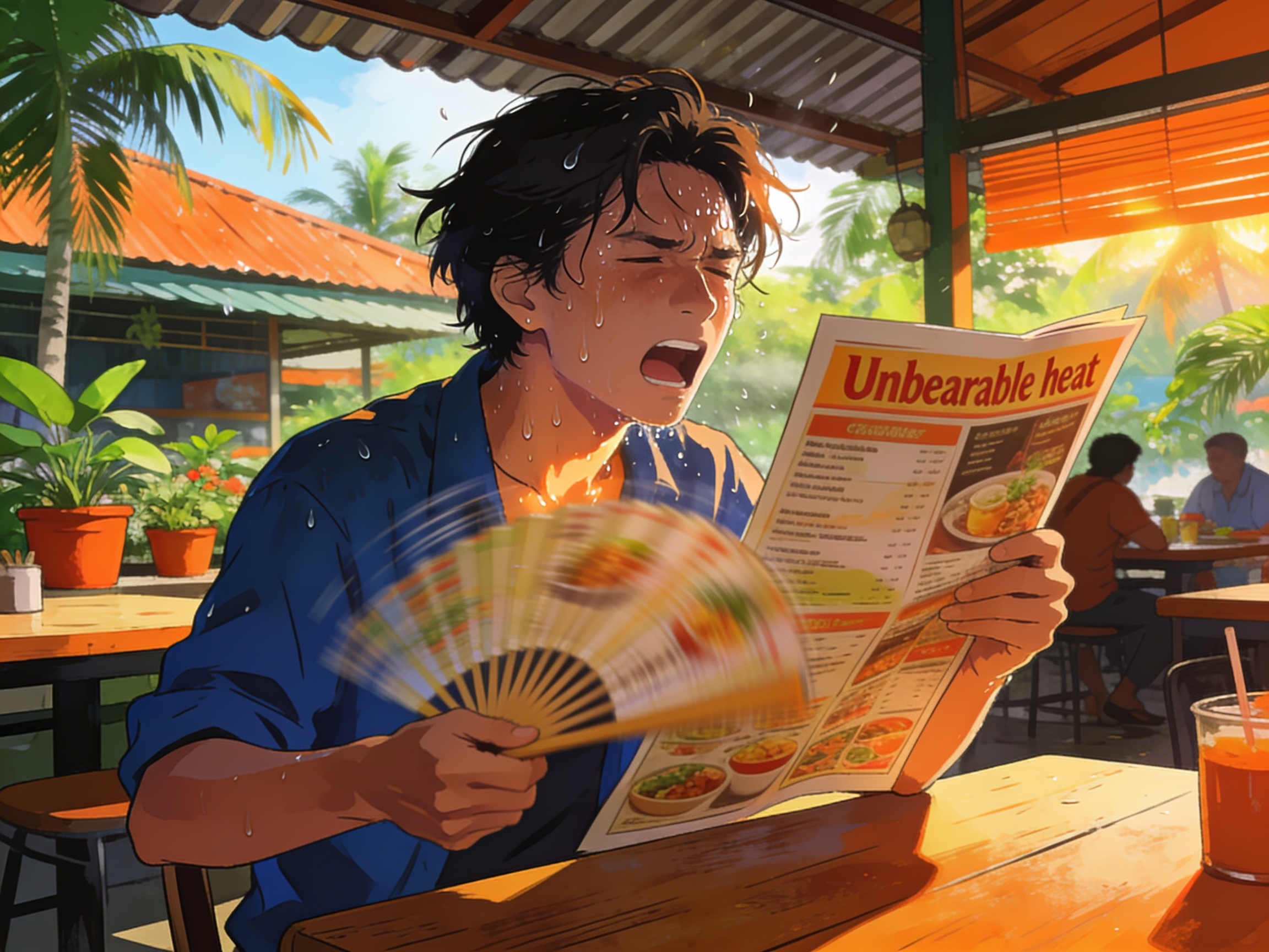 A person fanning themselves furiously with a menu at an open-air Malaysian coffee shop, sweat glistening, tropical afternoon sun.