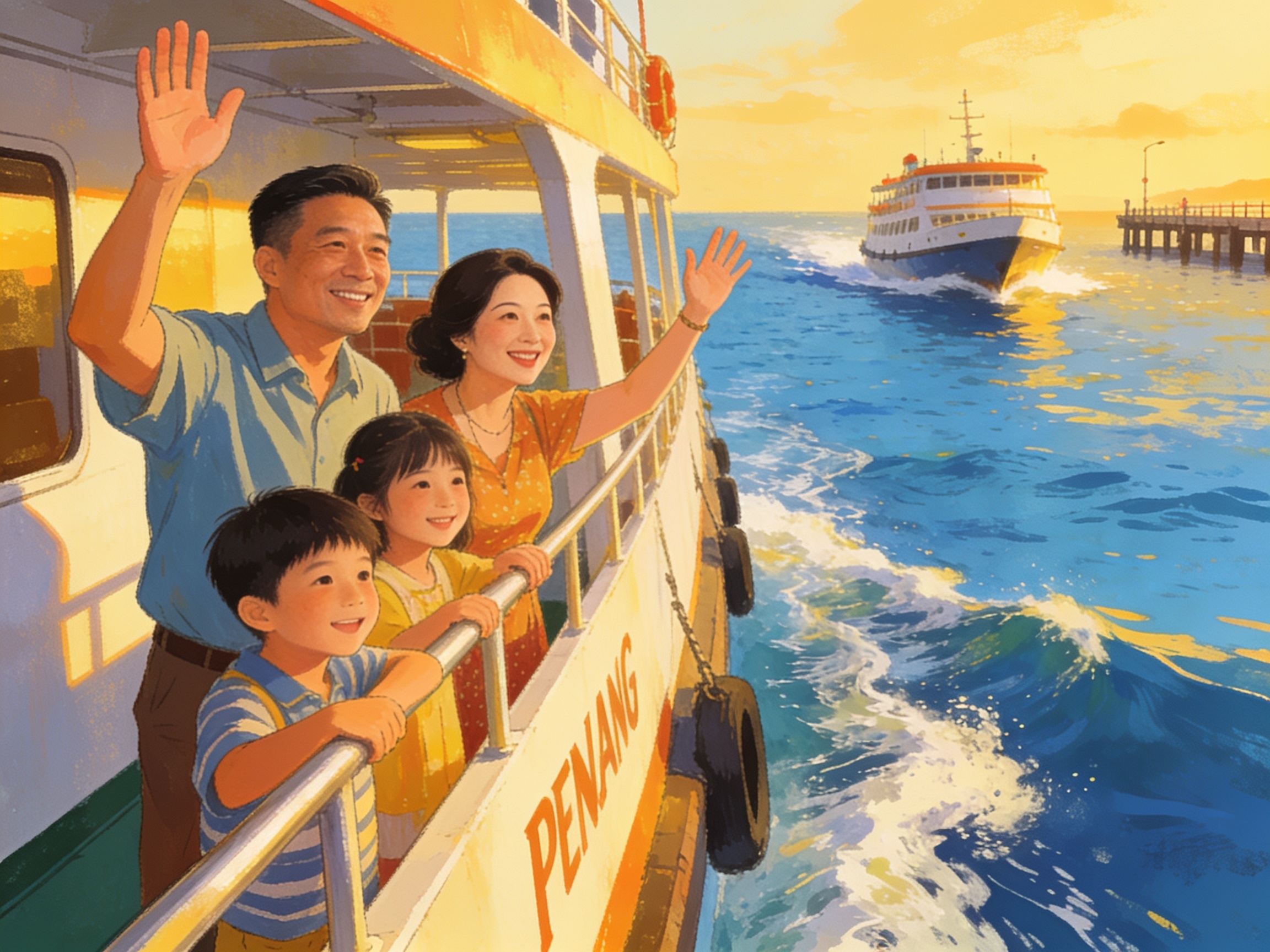A ferry pulling away from a Penang jetty at golden hour, a Chinese family on deck waving, warm tropical light and blue sea.