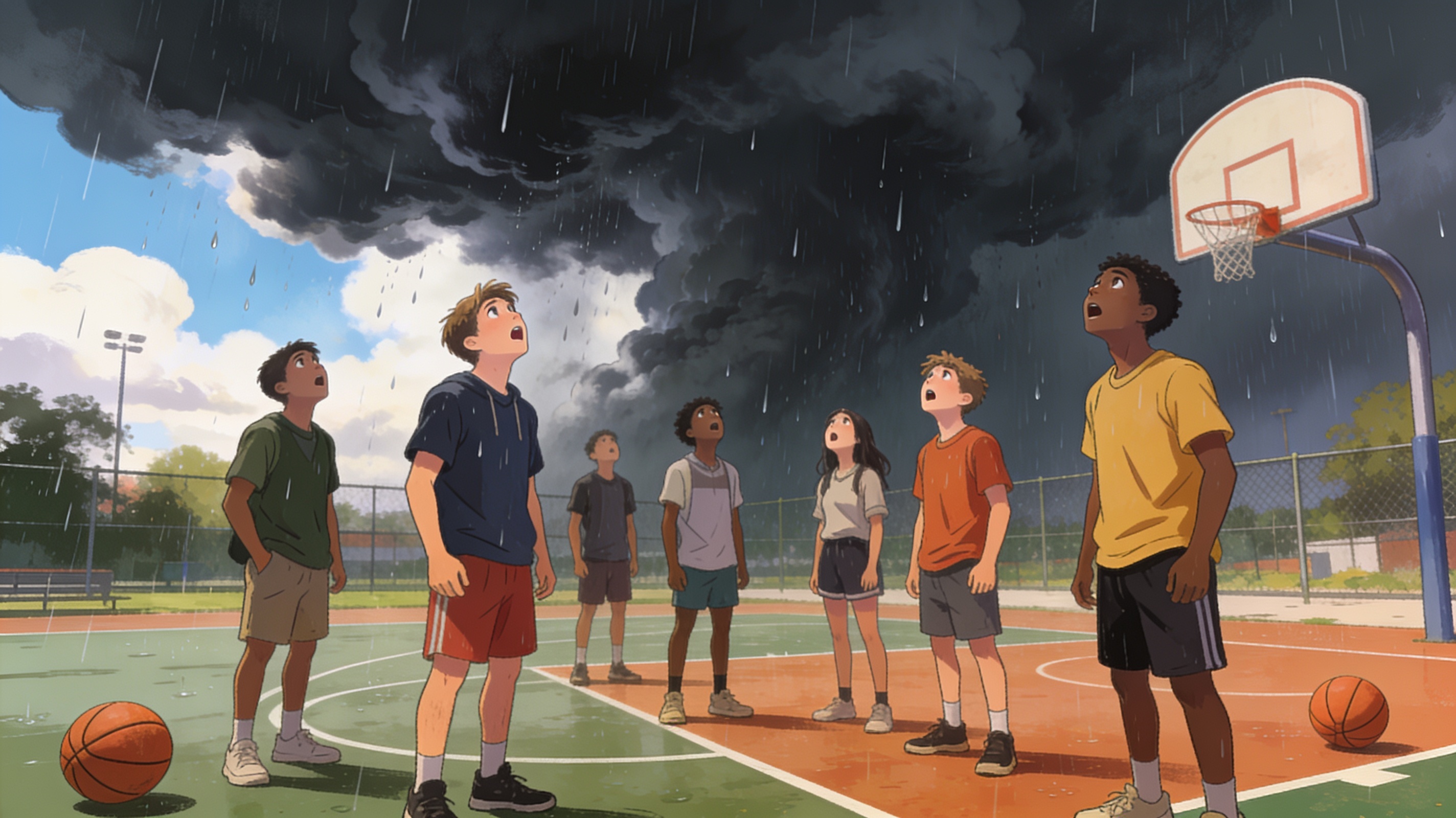 cinematic editorial illustration of dark storm clouds suddenly gathering over an outdoor basketball court with friends looking up in disbelief, no text