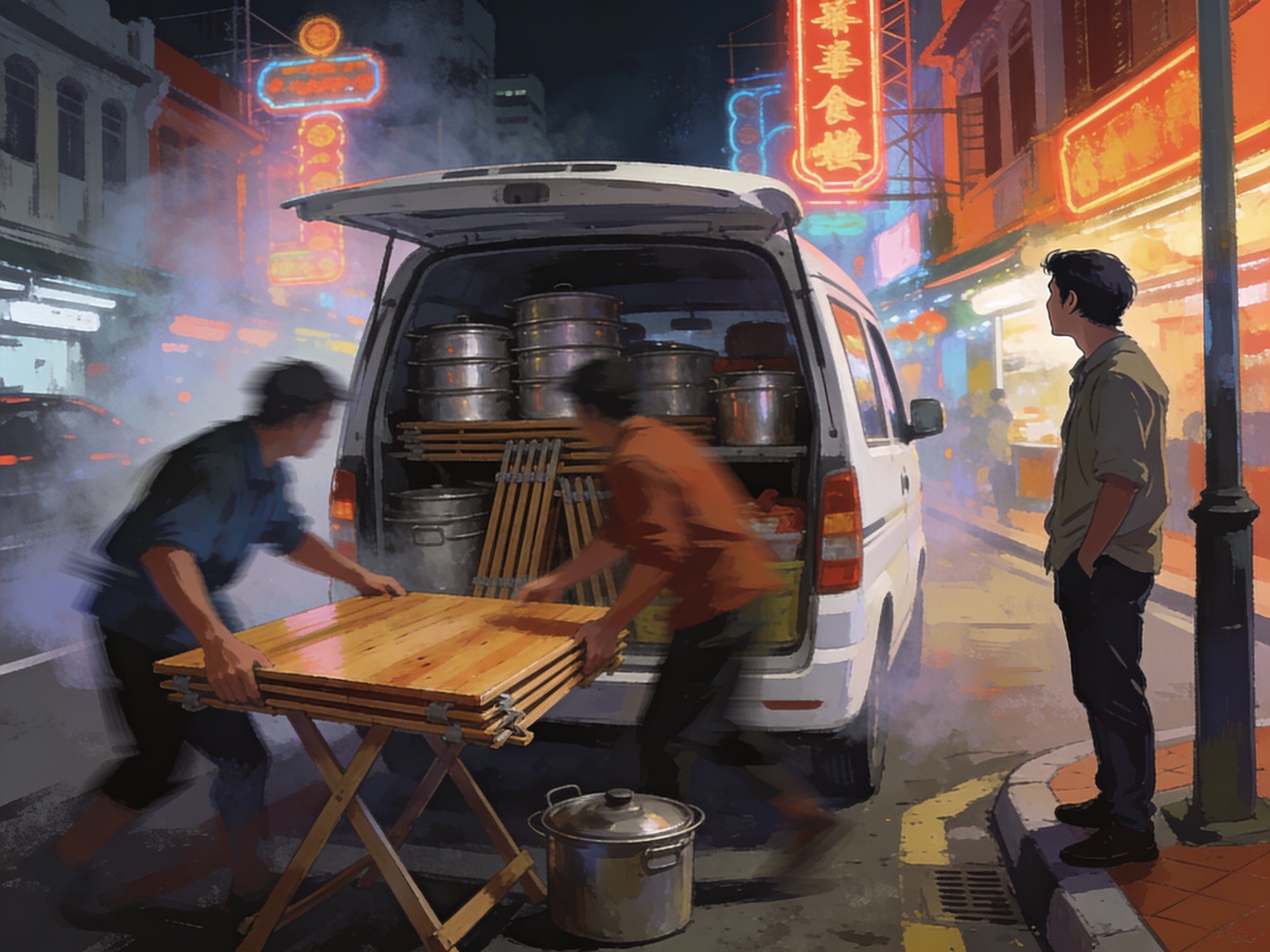 Street hawkers in KL Chinatown hurriedly folding tables and stacking pots into a van at night, hazy neon signs, one person keeping watch at the corner.