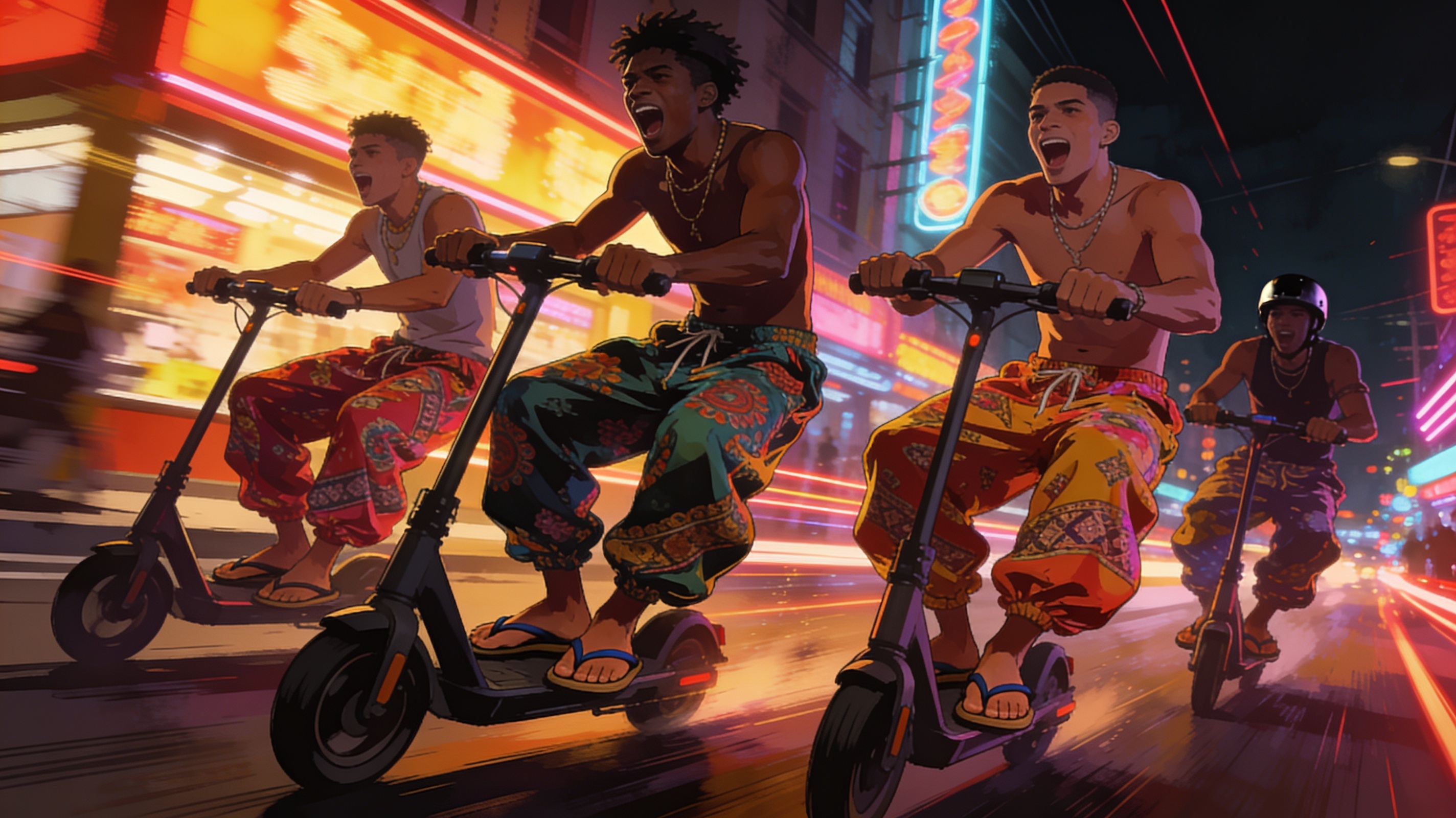 A group of young men in flashy patterned baggy pants and flip-flops riding scooters without helmets at night, loud and boisterous, neon-lit street background, editorial illustration, no text