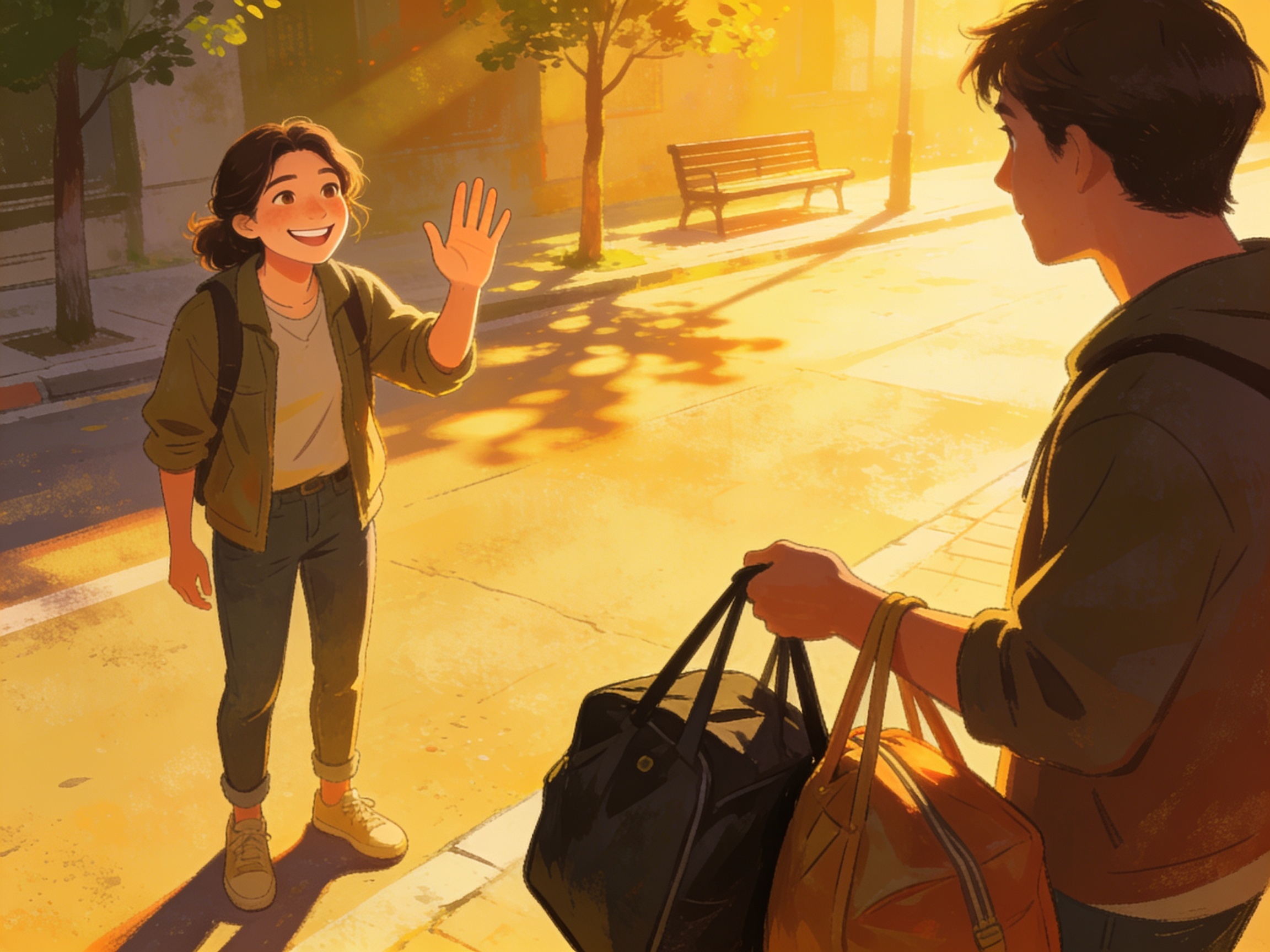 A person politely waving off a friend's offer to help carry heavy bags with a warm smile, friendly gesture on a sunny street, editorial illustration, no text