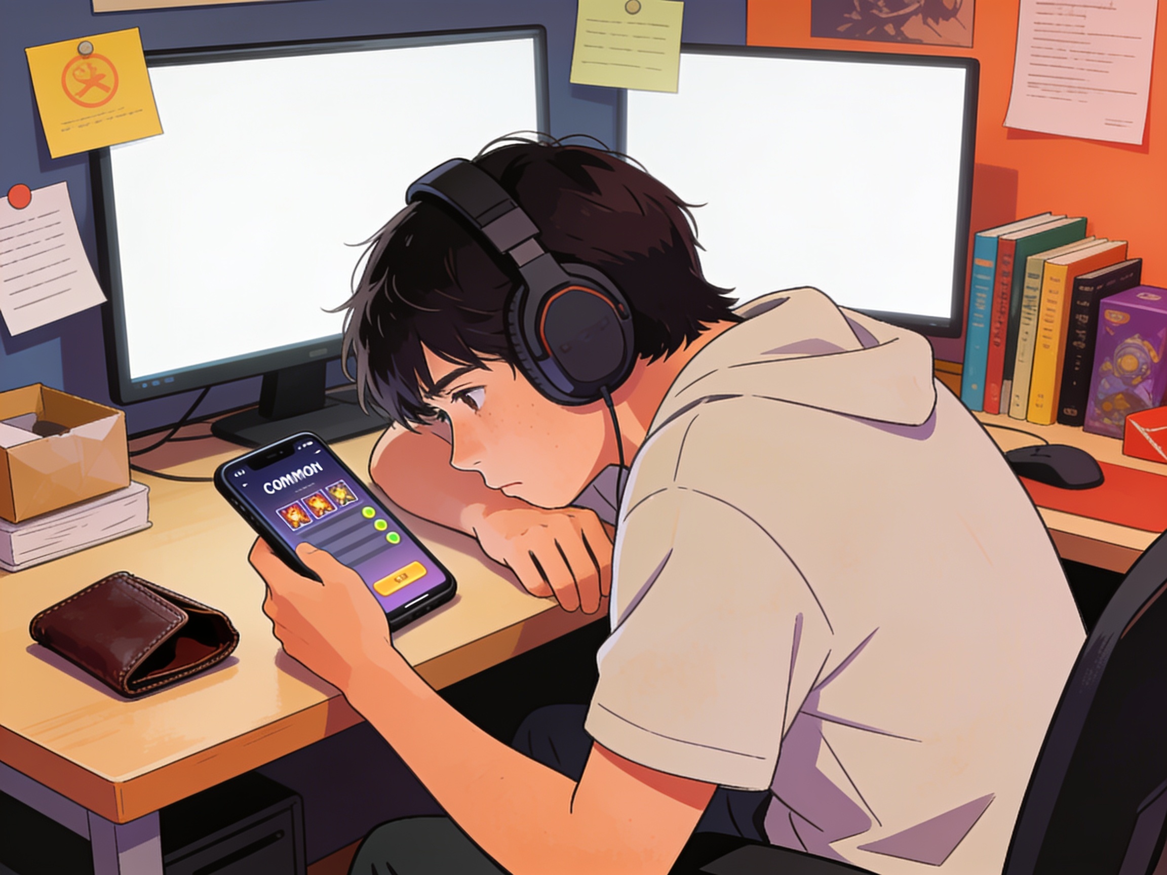 A gamer slumped in defeat staring at a mobile screen showing only common-rarity results after many gacha pulls, empty wallet on the desk, editorial illustration, no text
