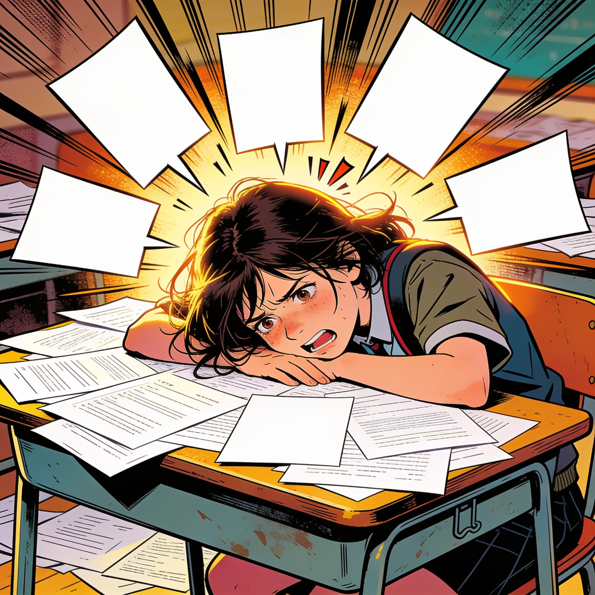 A student slumping over a desk covered in exam papers, exaggerated exasperated expression, comic sound-effect style lines around head, editorial illustration, no text