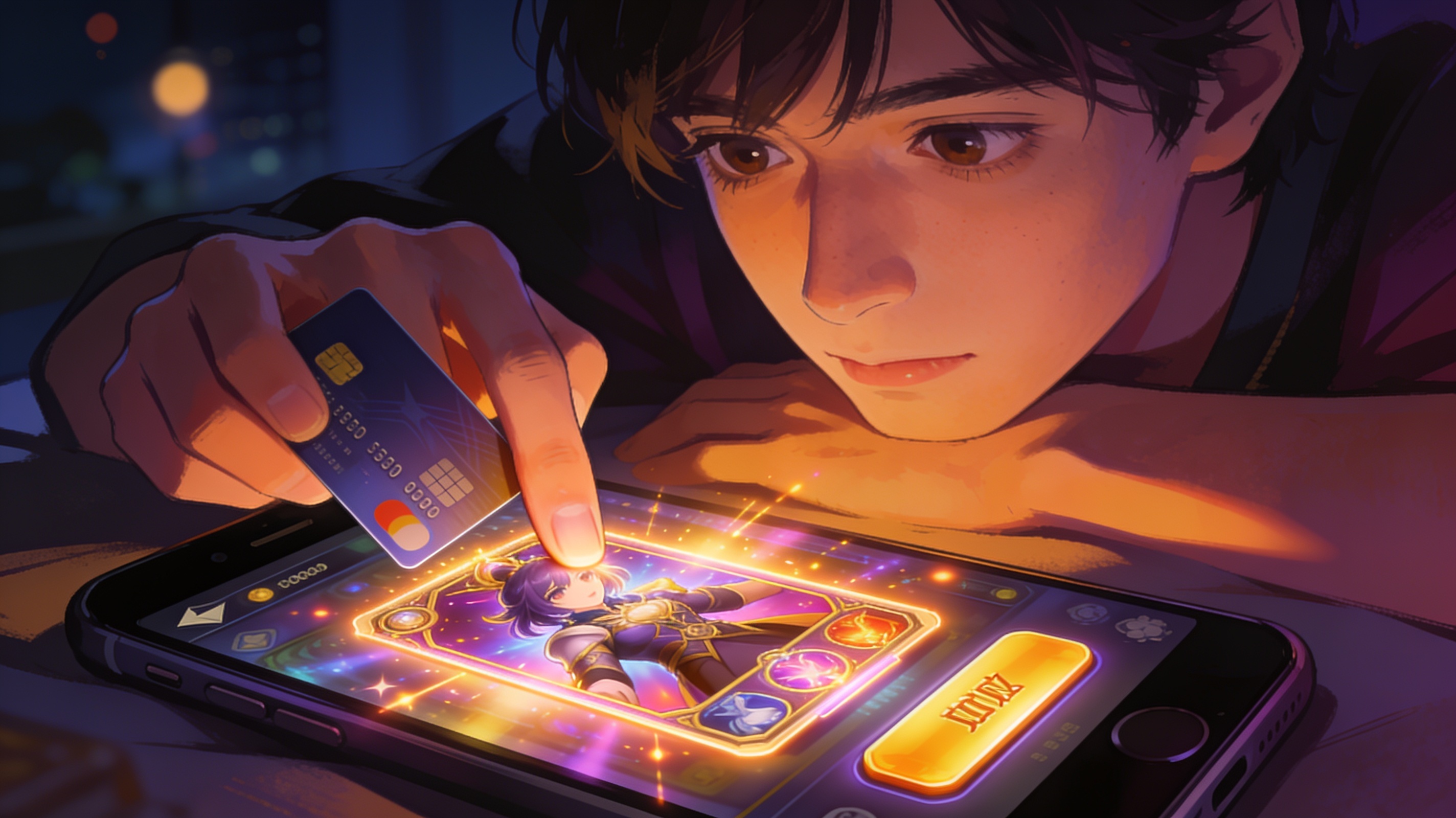 A person late at night staring at a mobile gacha game screen with a credit card in hand about to tap purchase, glowing character card animation on screen, editorial illustration, no text