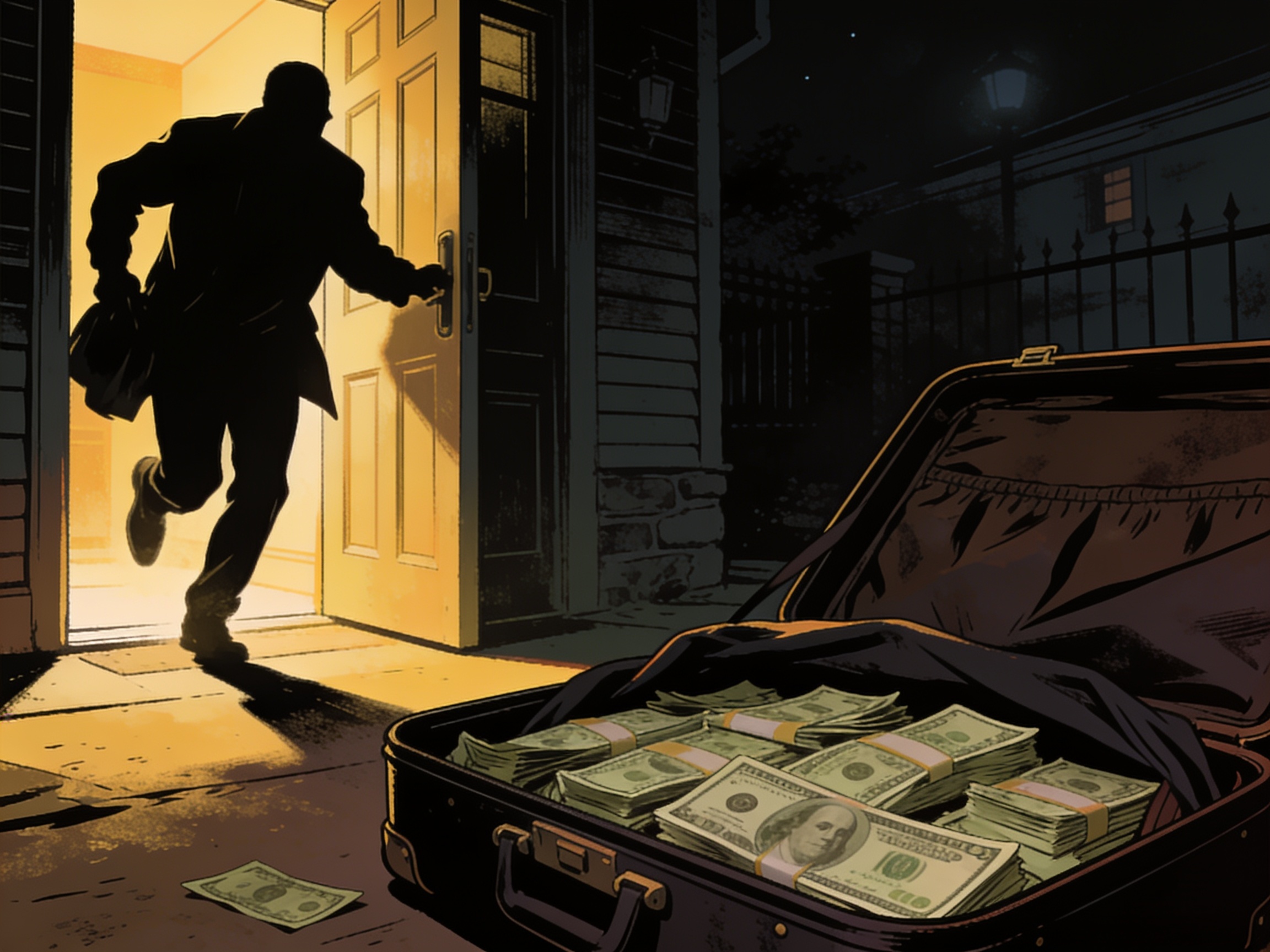 A shadowy figure hastily packing a suitcase with cash and fleeing through a back door at night, dramatic noir lighting, editorial illustration, no text