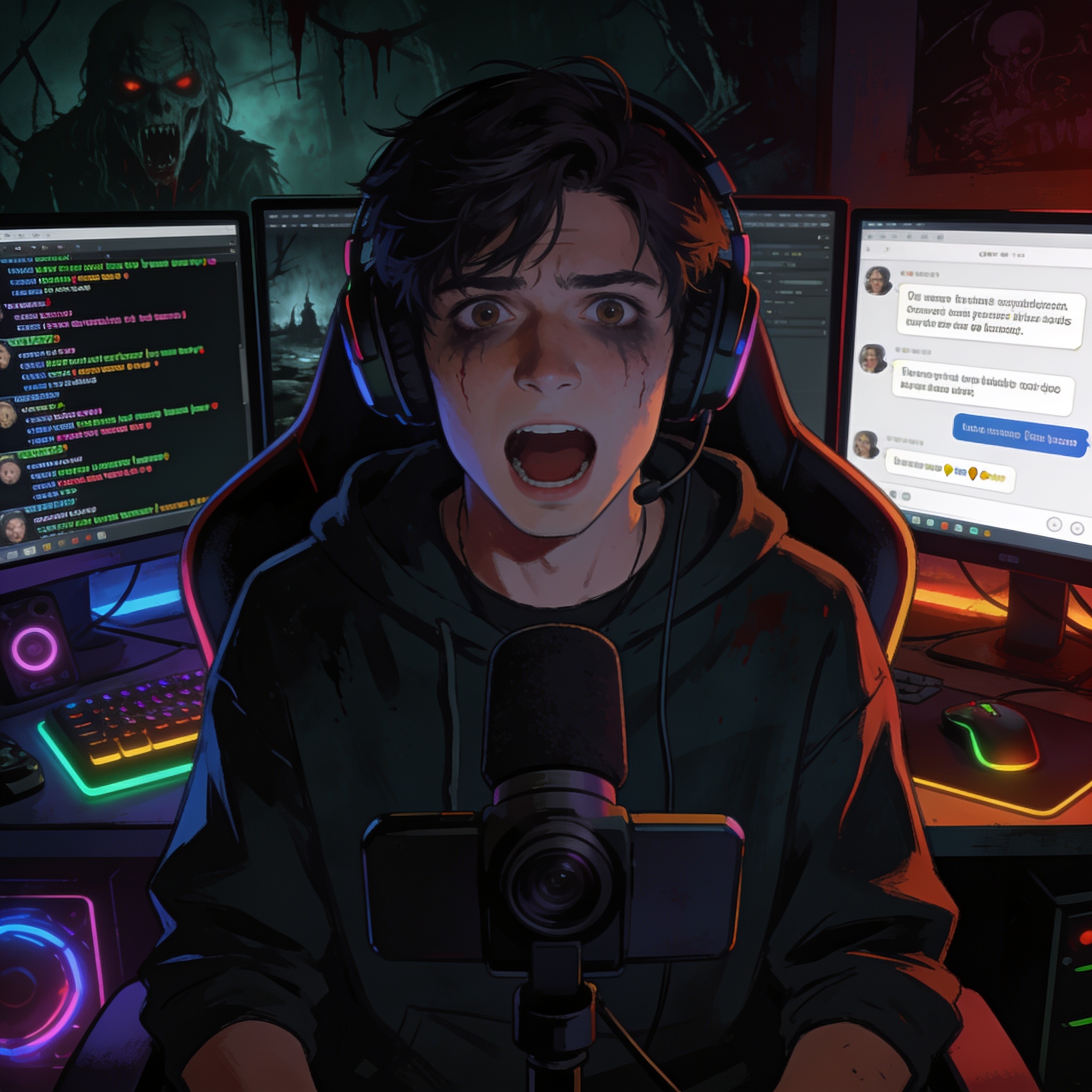 A streamer sitting in front of a webcam and multiple monitors with a live chat scrolling on screen, gaming setup with RGB lighting, editorial illustration, no text