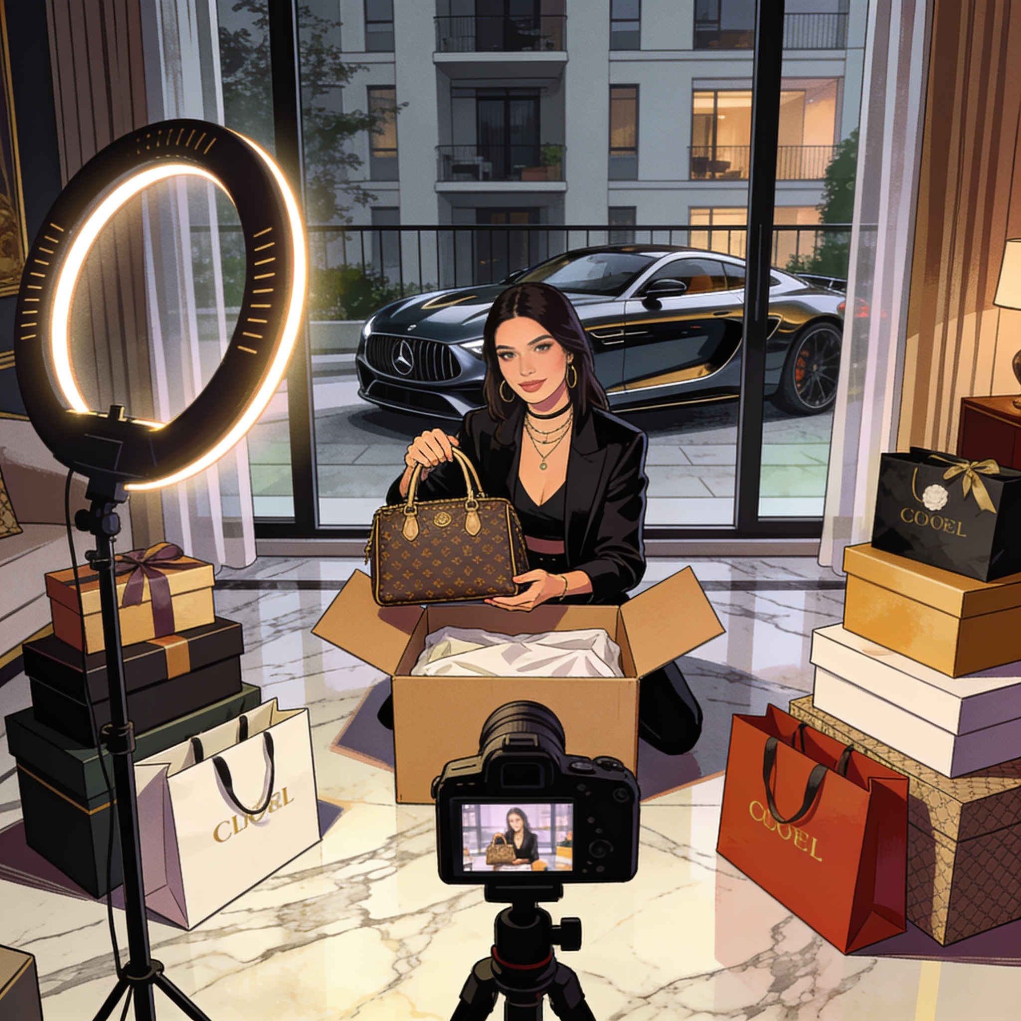 An influencer filming an unboxing video surrounded by stacks of designer shopping bags in a marble-floored apartment, ring light glowing, cinematic editorial illustration, no text